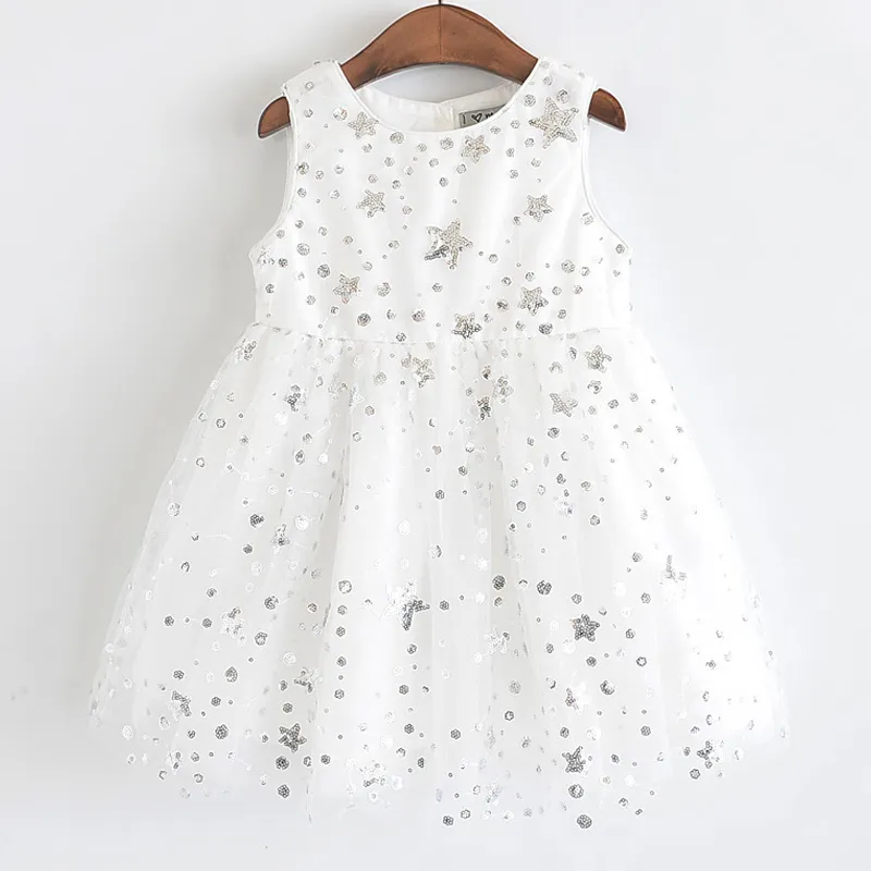 Tjejer party klänningar sommar barn bär söta stjärnor sequin mesh ärmlös prinsessa puff barn 210515