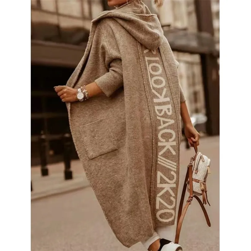 Nowssa Autumn Women Knitted Sweater Cardigan Open Stitch Hooded Letters Loose Sweaters Fall Fashion for 210922
