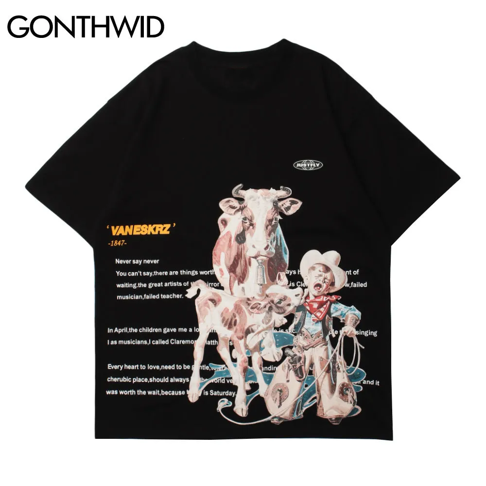 GONTHWID Magliette Camicie Hip Hop Creativo Cow Cowboy Manica corta Magliette Streetwear Hip Hop Harajuku T-shirt Uomo Casual Allentato Magliette e camicette C0315