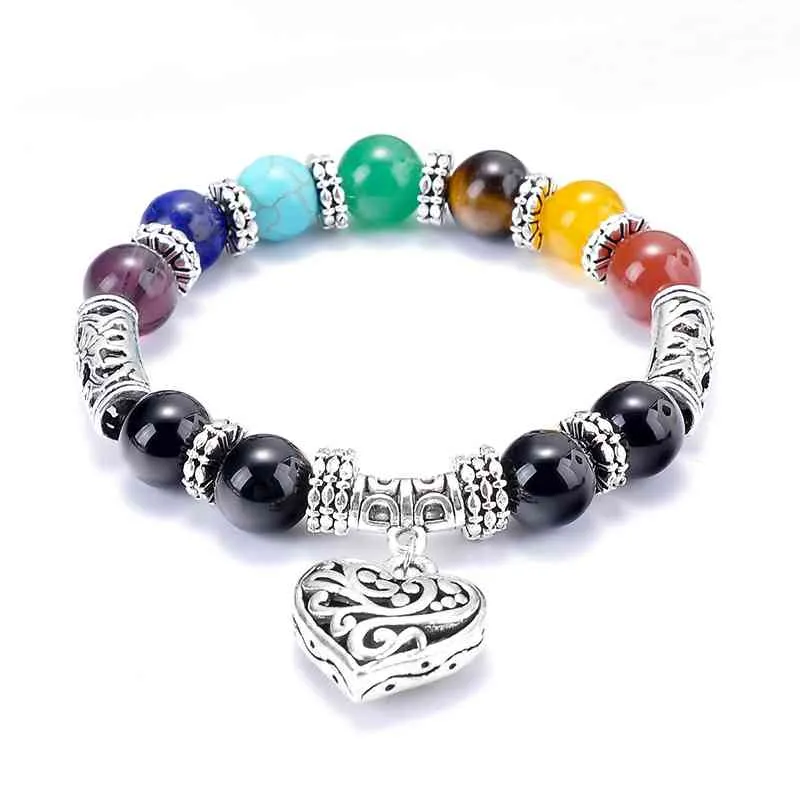 Mode 7 Chakra Färgrik stenläkning Armband Matte Agate Charm Heart Gemstone Armband