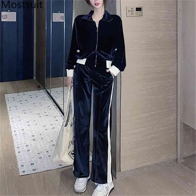 Black Velvet Sport Tracksuit Two Piece Set Women Color-blocked Zip-up Coat + Wide Leg Pants Outfits Casual Fashion Female Sets 210513