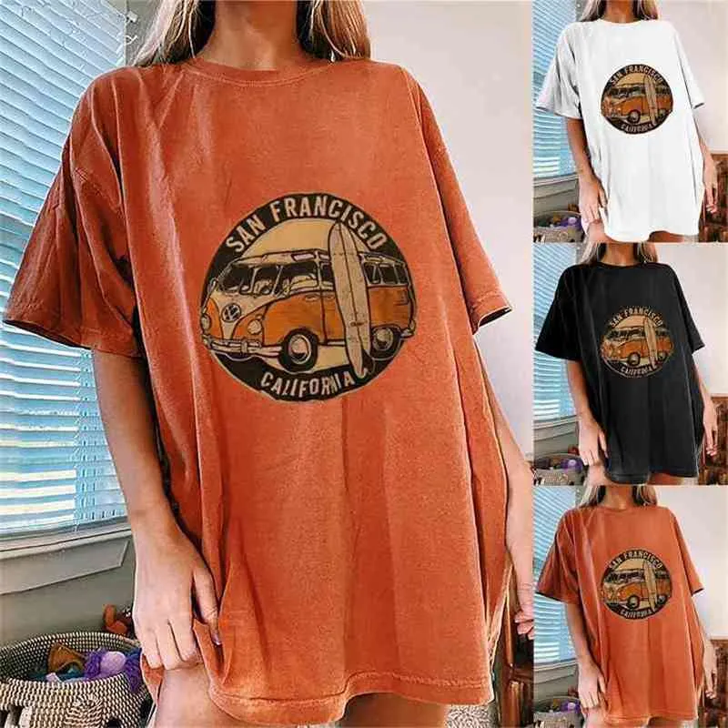 T-shirt graphique surdimensionné à épaules tombantes Vintage Bus San Francisco California Print Funny Tshirt Half Sleeve Loose Long Summer Tops 210623