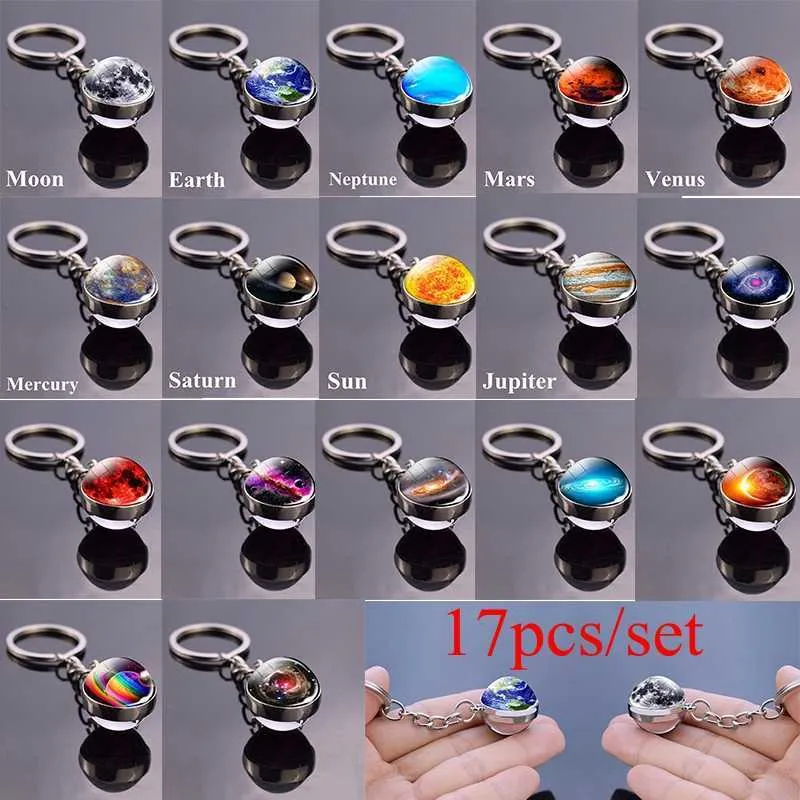 17PCS / SET Solsystem Set Planet Keyring Galaxy Nebula Star Keychain Moon Earth Bild Dubbelsidan Glas Boll Nyckel Kedja H0915