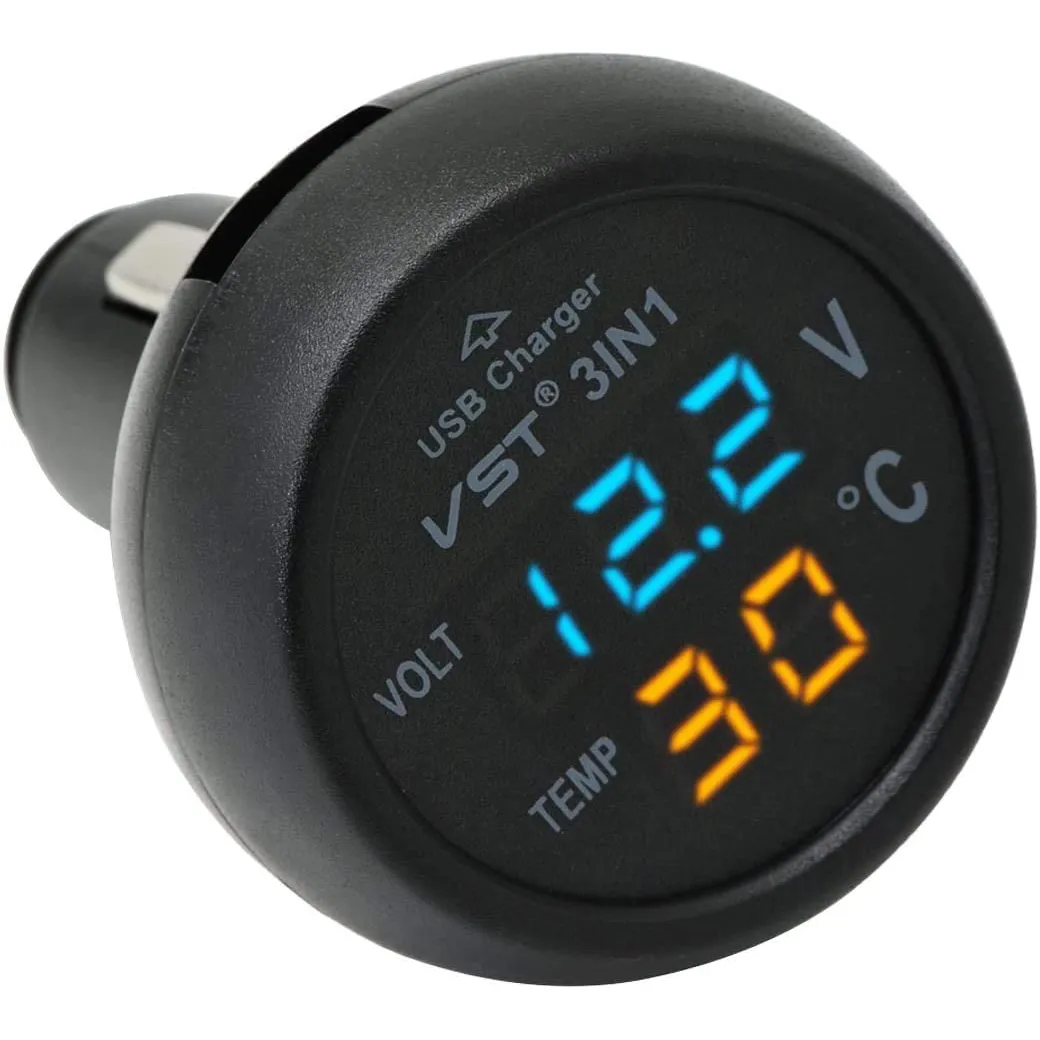 Digital LED-bil Voltmätare Cigarettändare Voltmeter Termometer Truck USB Laddare 12V / 24V Temperaturmätare 3 i 1/2-i-1