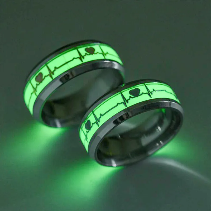 Size 6-13 Luminous Couple Ring Black Fashion Man Minimalist Stainless Steel Glowing in the Dark Jewelry