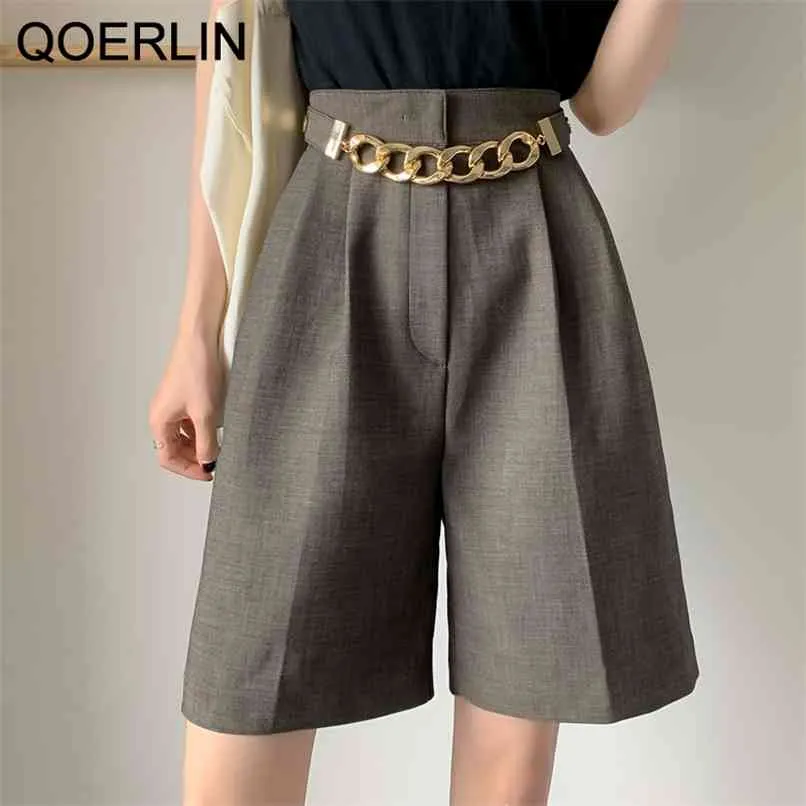 Chain Shorts Women High Waist Wide Leg Loose Casual Half Trouser Plus Size Zipper Fly Pocket Suits Pants Streetwear Lady 210601
