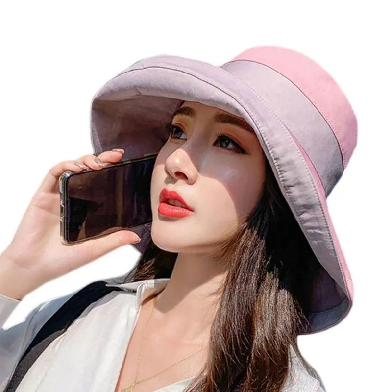 Women Summer Double-Sided Reversible Bucket Hat UV Protection Wide Brim  Contrast Color Packable Floppy Beach Sun Cap