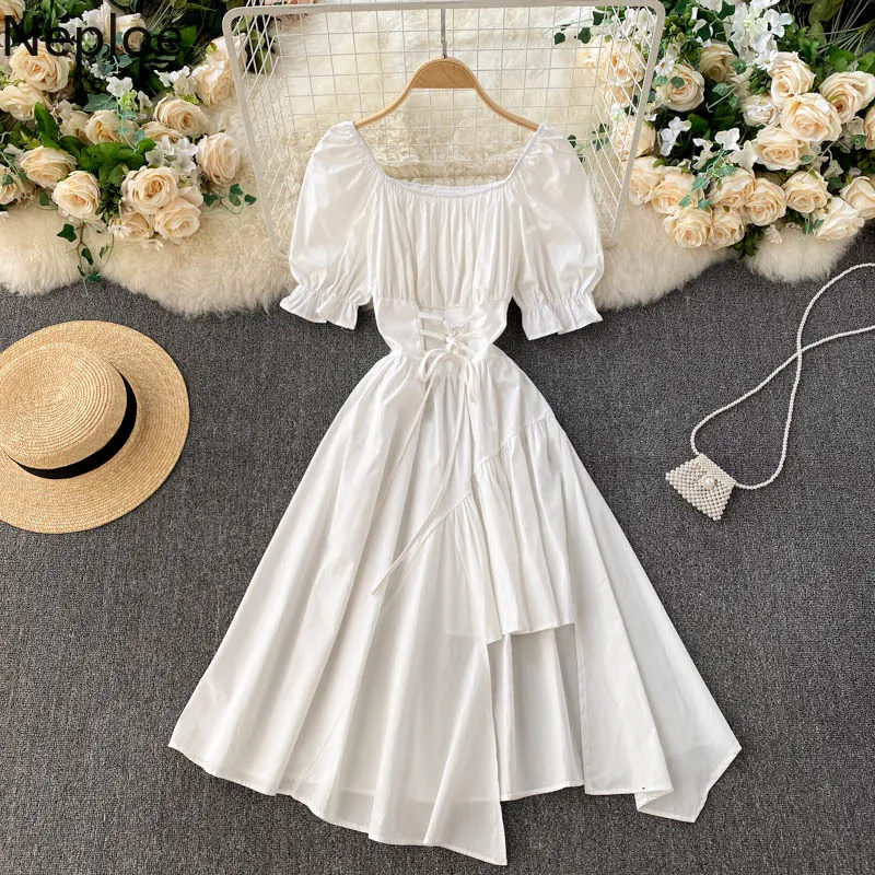 Neploe Women White Dress Square Collar Puff Sleeve Oregular Bow Dresses Sommar Drawstring Vestidos Ruffles Slim Beach Midi Robe 210422