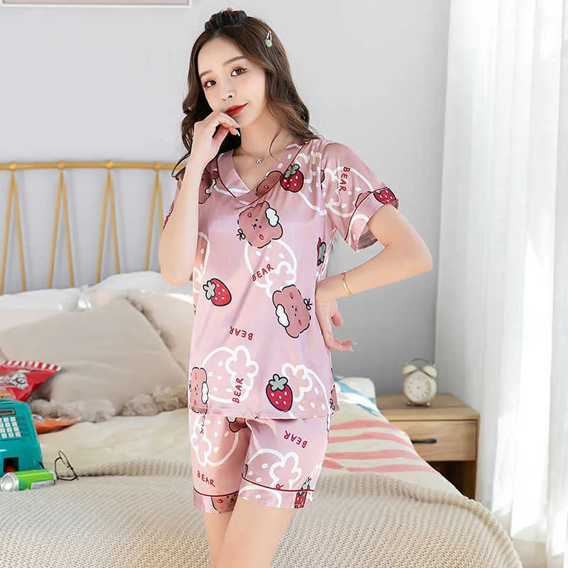 Zijde pyjama's met korte mouwen comfortabele vrouwen zomer pyjama sets bedrukte nep zijden v-hals slaapkleding pyjama's jonge meisjesstijl doek 210622