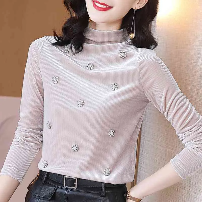 Long Sleeve Beading Turtleneck Velour Blouse Shirt Tops Blouse Women Blusas Mujer De Moda Winter Clothes Women Blusa E46 210426