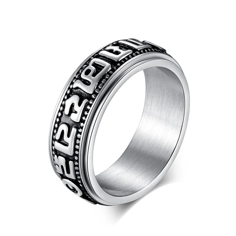 Retro Stainless Steel Six-character Mantra Rings Band Rotatable Ring for Men Women Fashion Fine Jewelry