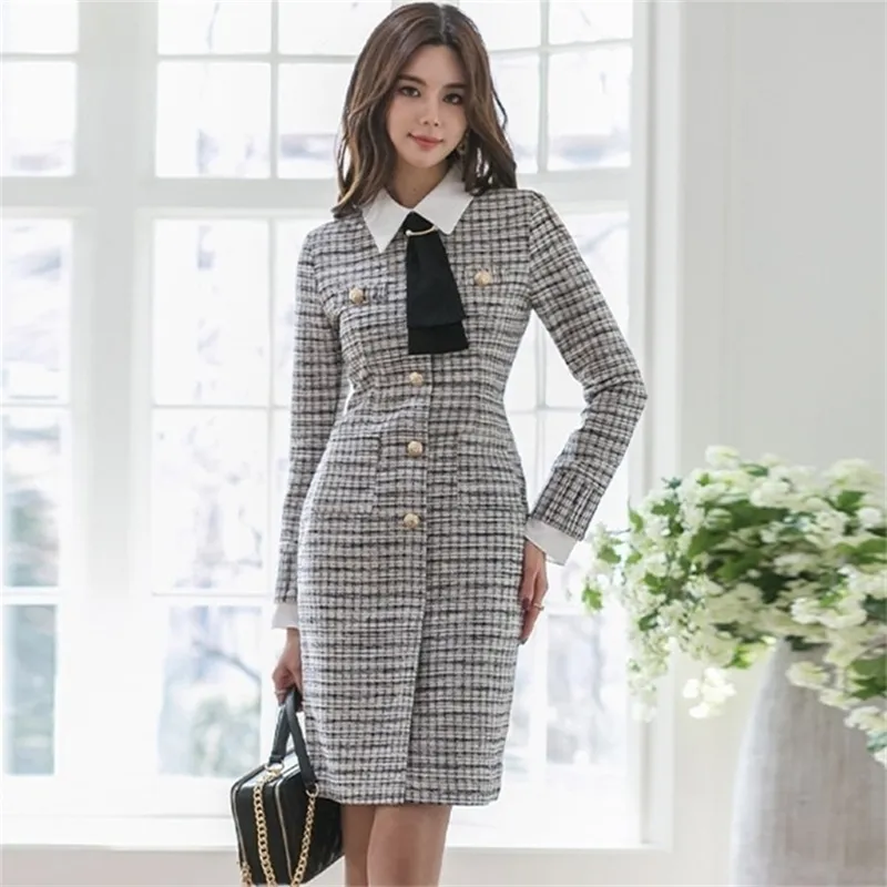 秋冬パッチワークTweed Dress女性フレアスリーブフリルウールエレガントミニレディース210603