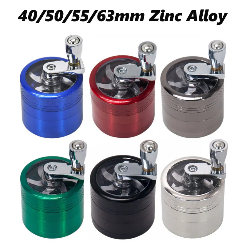 Hand Crank Metal Grinder voor het roken van zinklegering CNC Tanden Handgreep Kruiders Droog Kruid Tabak Clear Top 40/50/55/63mm 4Layers DHL Gratis