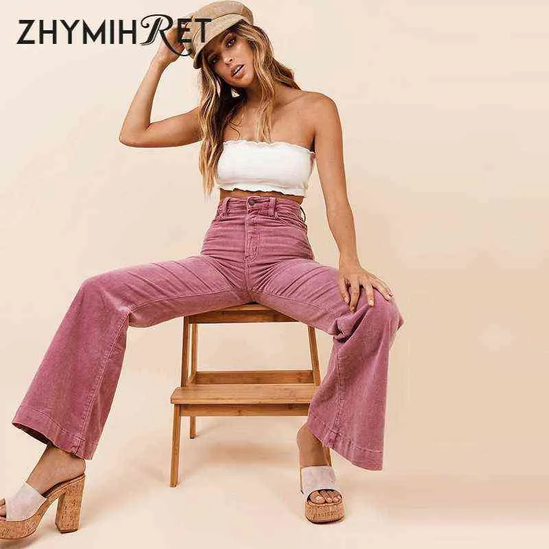 Zhymihret 여성 하이 허리 코듀로이 플레어 바지 가을 겨울 패션 바지 Streetwear Capris Pantalon Femme 211124