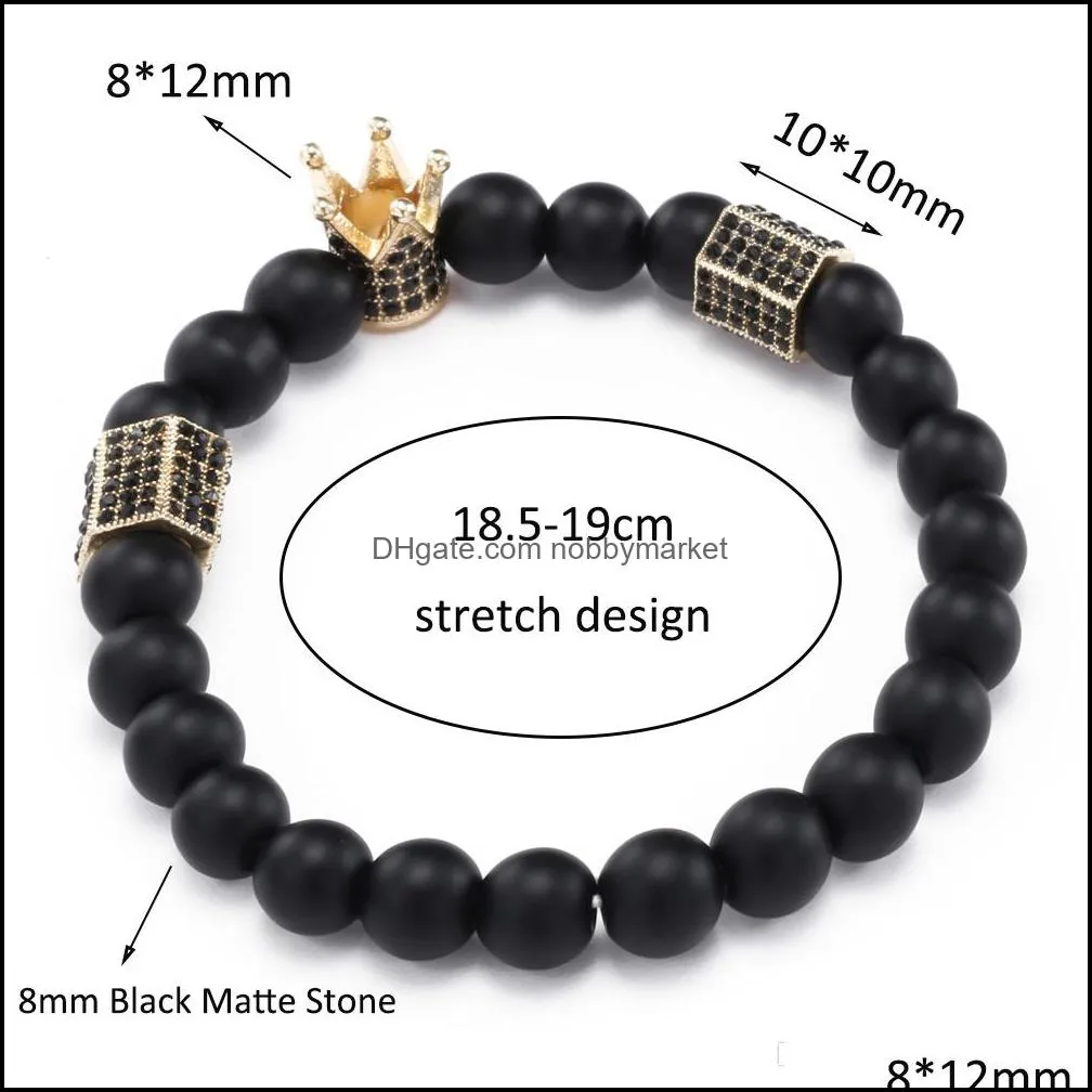 Women Men jewelry Micro Pave CZ Zirconia King Crown Charm Bracelet Natural stone Bead Bracelets Christmas gifts