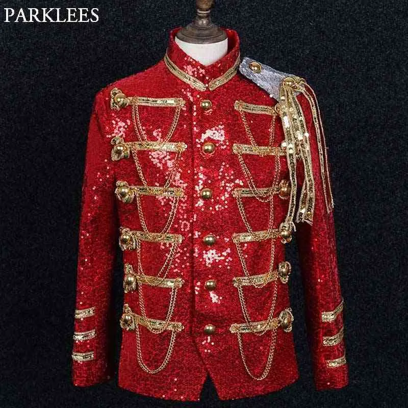 Mens Vermelho Lantejoulas Embelished Drummer Casaco Punk Gothic Steampunk Jaqueta Men Cantor Show Show Fato de Prom Homme 210522