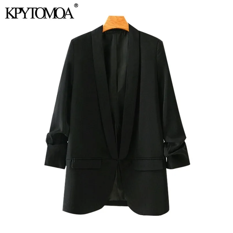 KPYTOMOA femmes mode tenue de bureau basique noir Blazer manteau Vintage plissé manches poches vêtements de dessus pour femmes Chic hauts 210930