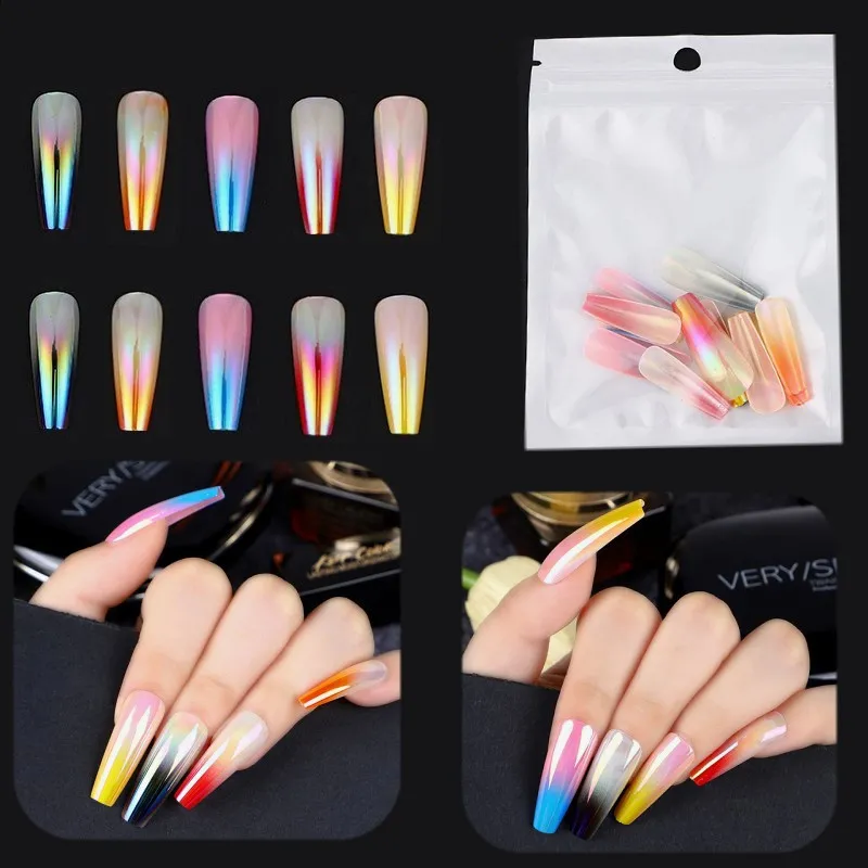 24PCS DIY Полный обложка Подсказки для ногтей Aurora Dazzle Color Gradient Поддельные ногти съемные ногти Удлинительные оформления маникюра