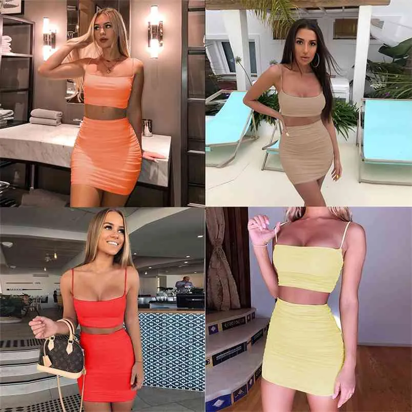 Women Two Piece Set Summer Sexy Spaghetti Strap Vest Backless Crop Tops Pleated Wrap Club Party Bodycon Mini Skirts Lady Outfits 210517