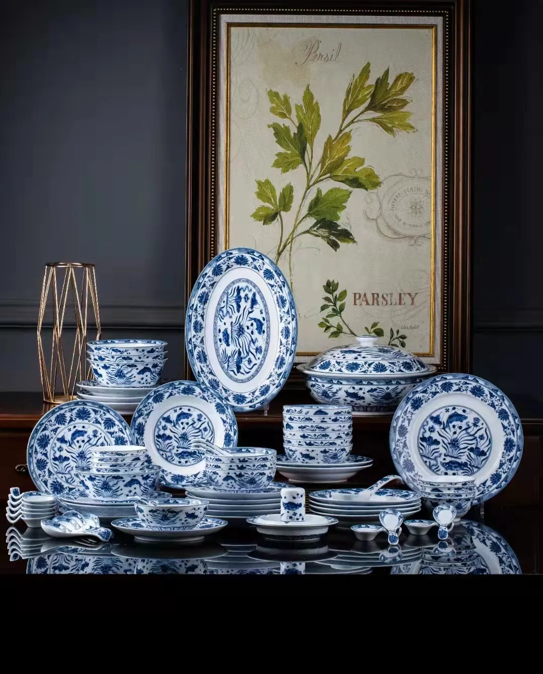 Wholesale Dinnerware Sets 80 Pieces Porcelain Imitation Yuan Dynasty Blue and White Ceramic Tableware Set For Collecttion