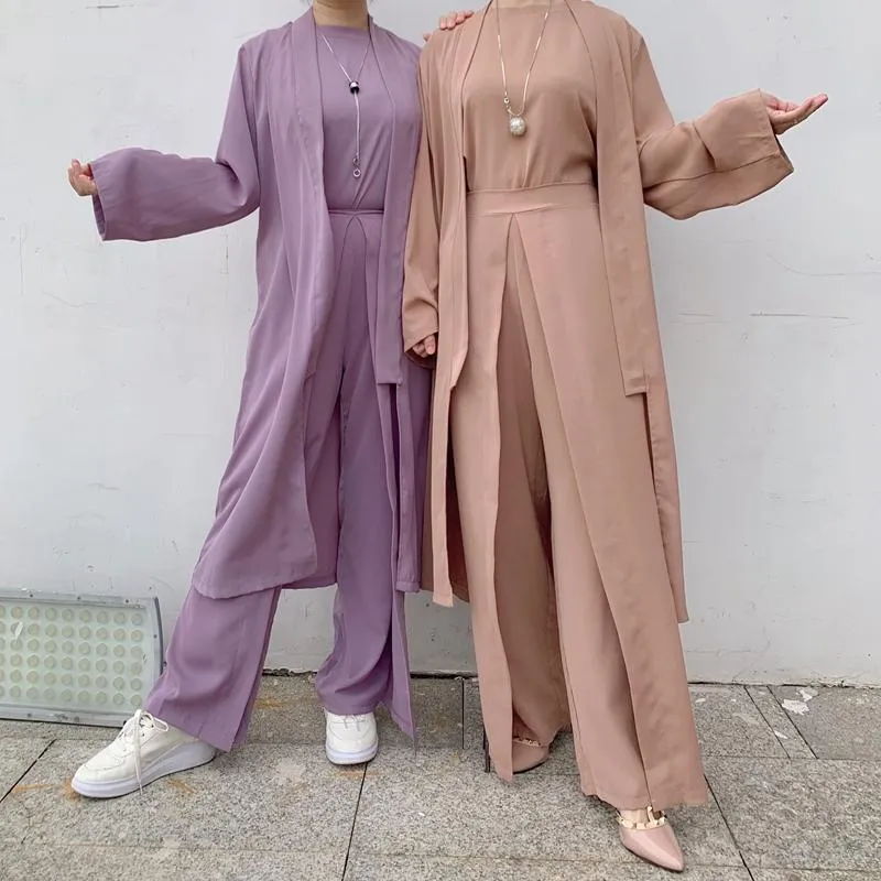 Roupa étnica Eid Plain Women Tops com Calças Árabe Turco 3 Parte Matching Set Muçulmano Mulher Kimono Abaya Dubai Modest Outfit