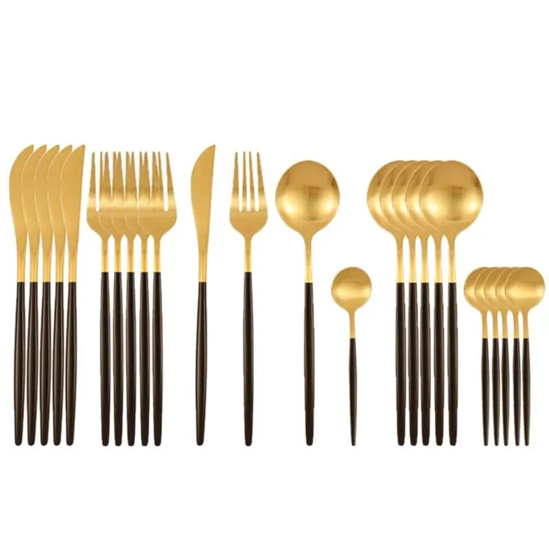 24 st matt rostfritt stål bestick uppsättning dinnerware svart guld kniv gaffel sked silver för kök fest middag porslin 210928