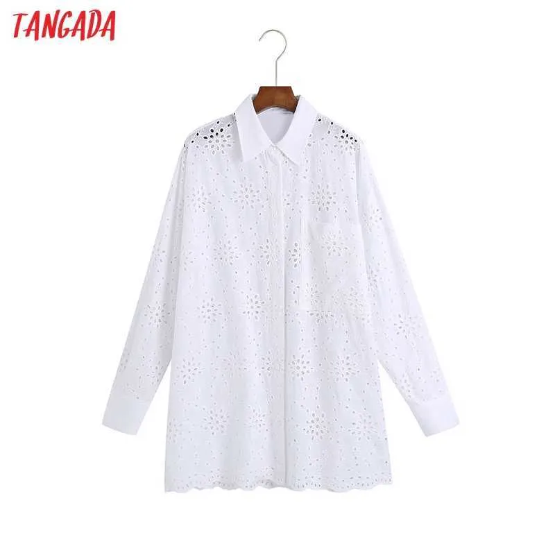 Tangada Women Oversized White Embroidery Romantic Hollow Out Shirt Long Sleeve Chic Female Shirt Tops 6Z119 210609