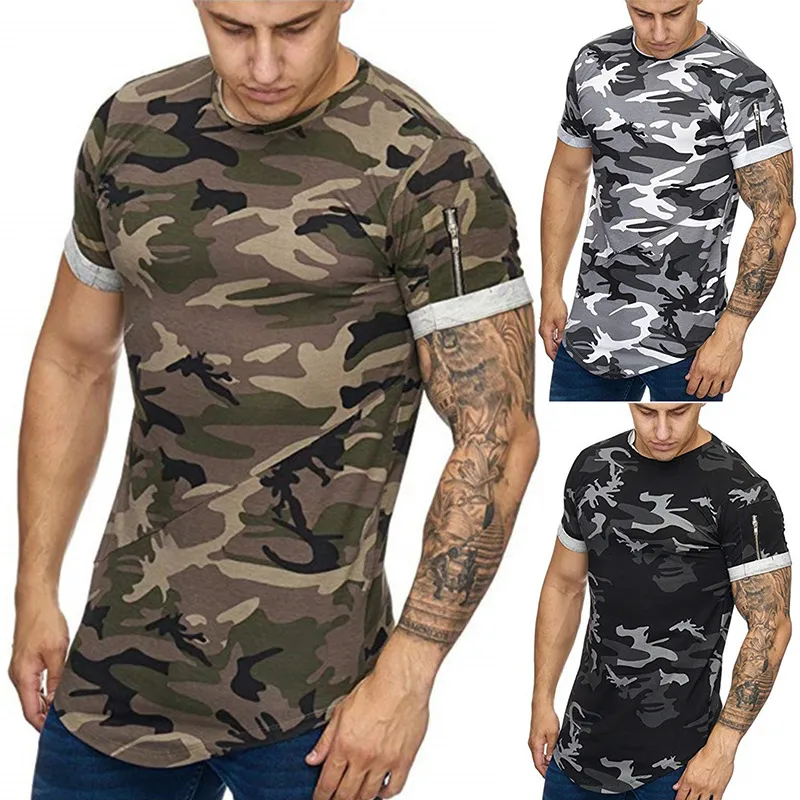 Lässige Kurzarm-T-Shirts, digitales Farbverlaufsdruck-Design, Camo-Muster, schmale T-Shirts aus elastischem Stoff