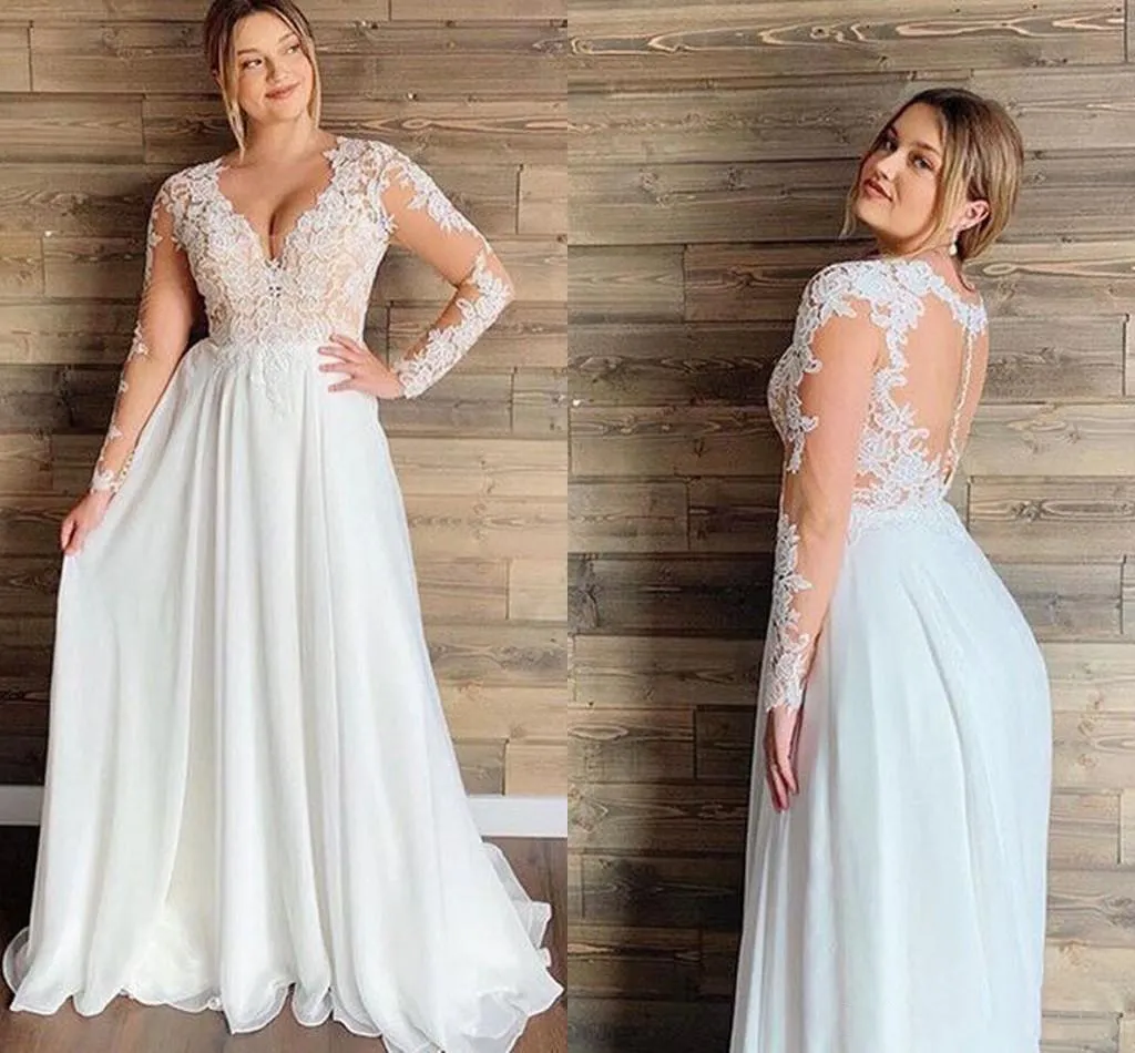 Plus Size Beach Wedding Dresses with Long Sleeve 2022 Modern V-neck Lace Applique Chiffon Sheer Back Flowy Skirt Boho Wedding Gown