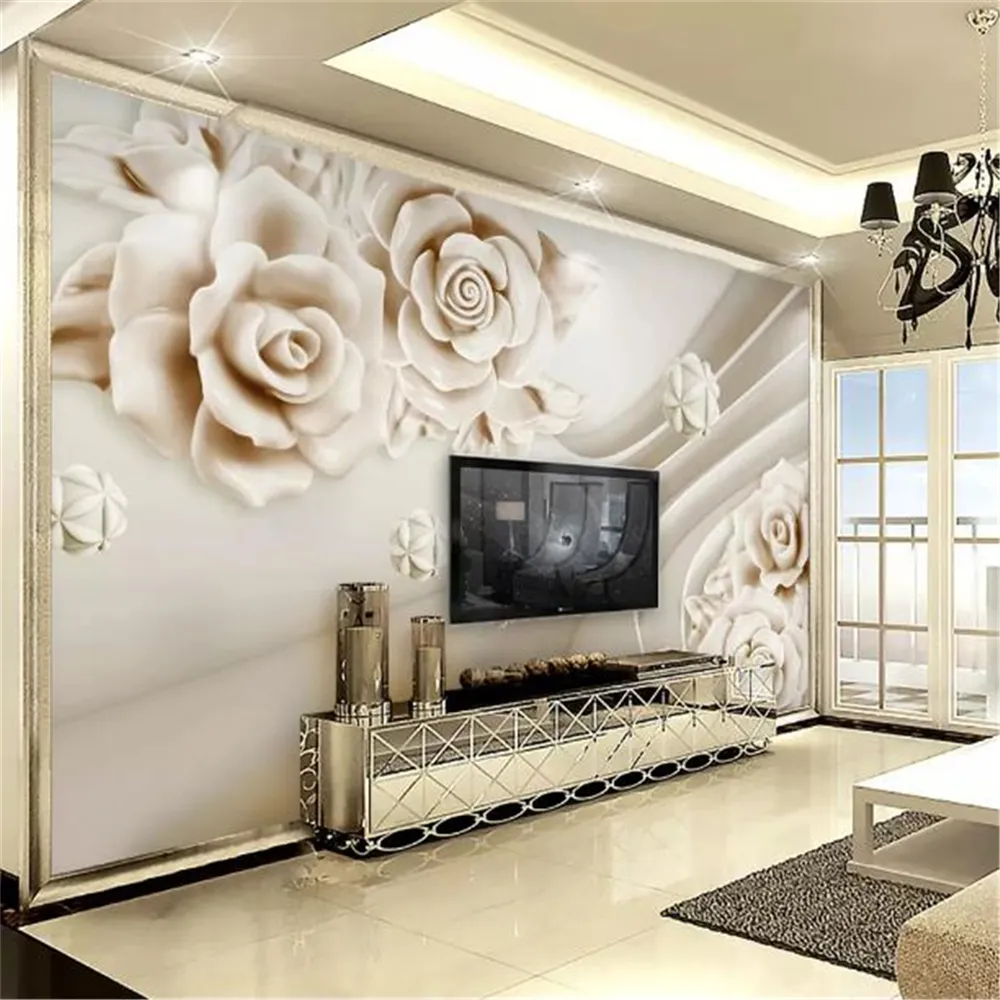 Custom Any Size 3d Flower Wallpaper Embossed Jade Carving Rose Indoor TV Background Wall Decoration Mural Wallpapers Wallcovering