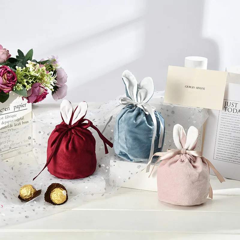 Personalized Velvet Easter Bag Favor Rabbit Ears Design Candy Bucket Soft Plush Wedding Gift Box Outdoor Portable Drawstring Pocket