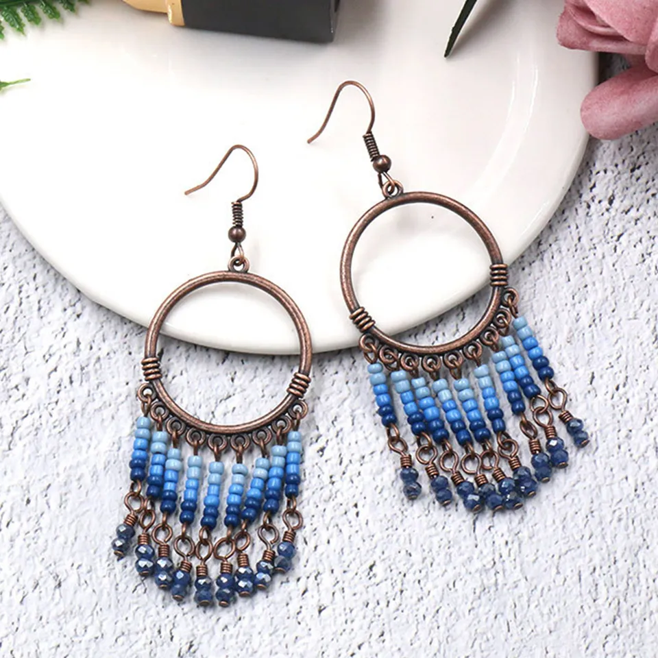 Beads Dangle Drop Tassel Earrings Vintage Round India Boho Ethnic for Women Female Hanging Jewelry Accessories