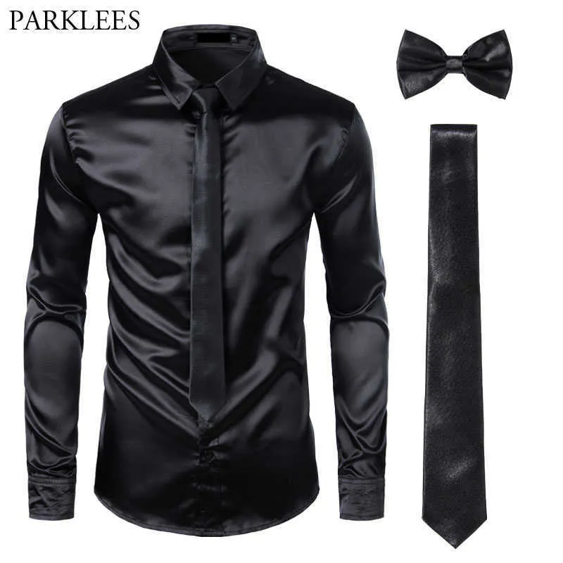 Preto Mens vestido de seda camisas 3 pcs (camisa + laço + bowtie) lisa cetim camisa homens magro festejar festejar camisas casuais casuais homens camisa 210629