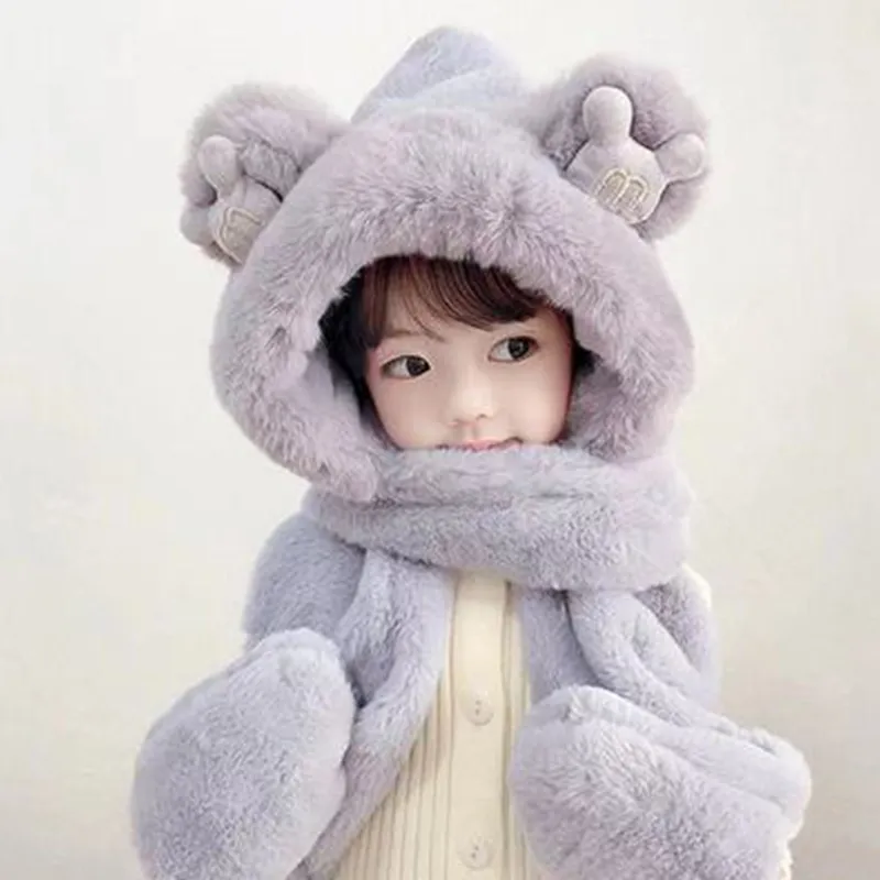 Bebê chapéus orelha coelho imitação coelho cashmere capsthicken manter quente inverno urso bonito três peça chapéu lenço luvas