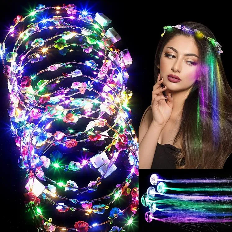 LED フラワークラウンリースヘッドバンドヘアピンパーティー用品光る発光光ファイバー三つ編み延長ヘアクリップバレッタかぶと頭飾りカーニバルハロウィン