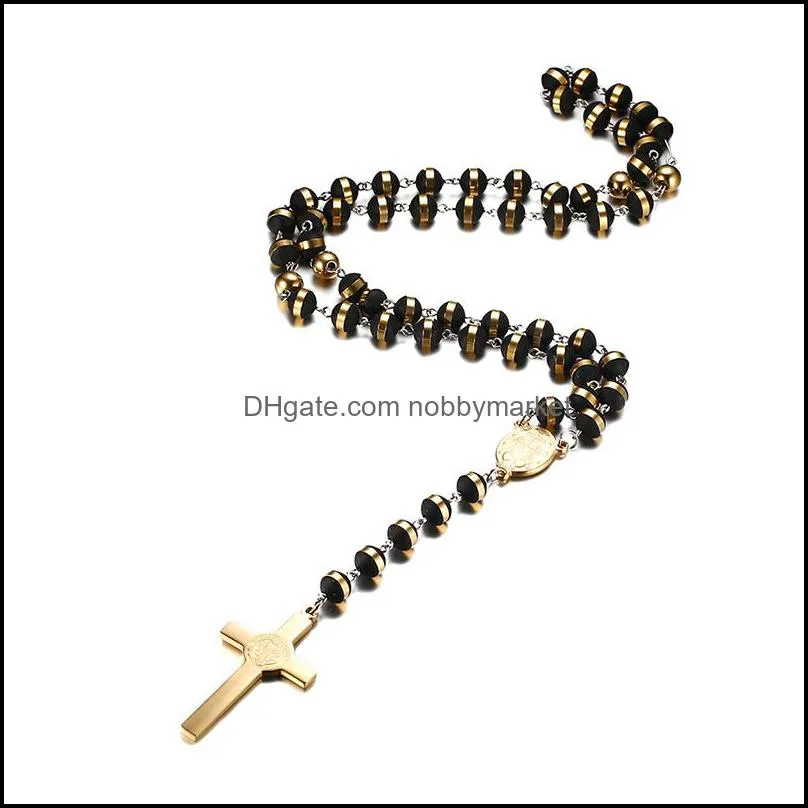 Meaeguet Black/Gold Color Long Rosary Necklace For Men Women Stainless Steel Bead Chain Cross Pendant Women`s Men`s Gift Jewelry