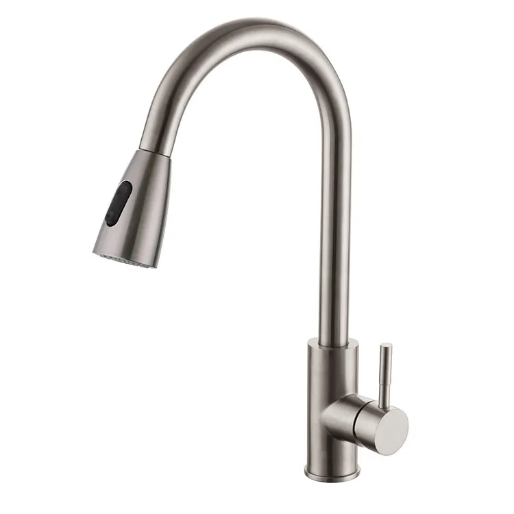 Robinet d'évier de cuisine finition Nickel brossé, pulvérisateur extractible, mitigeur monté sur le pont, bec pivotant, SEAWAY