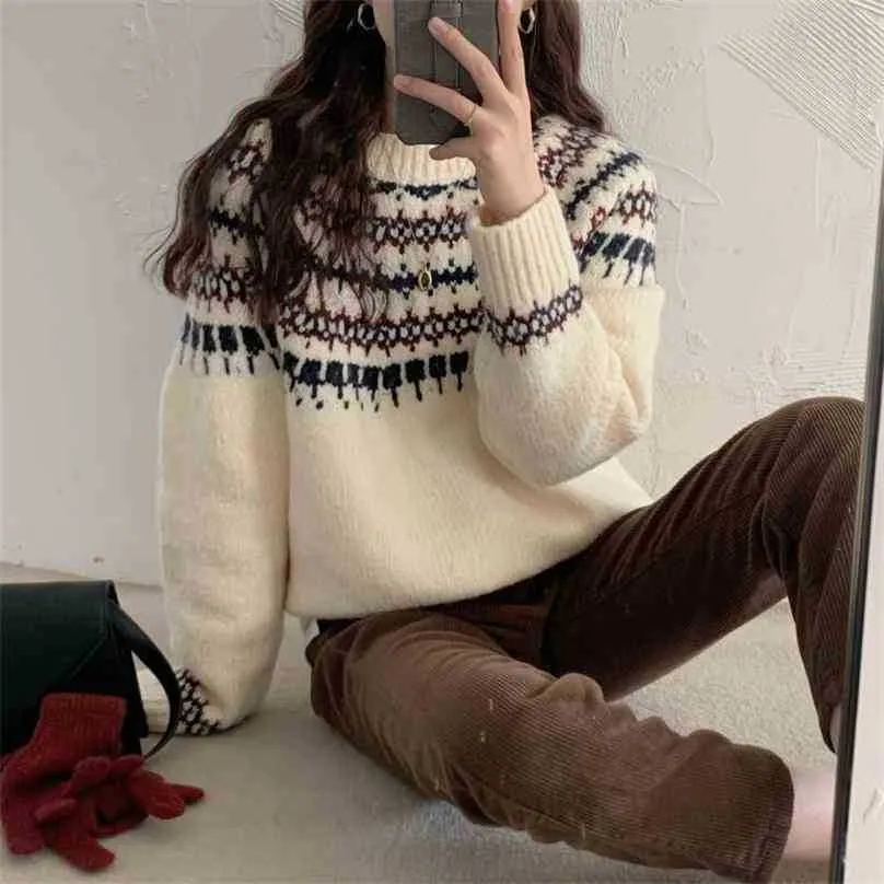 Femmes tricoter pull-oears pull tricoté printing impression rétro lâche chaude élégante douce chic coton tops 210525
