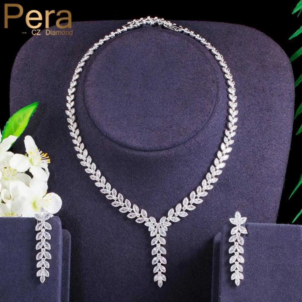 Pera magnifique brillant CZ cristal couleur argent longue feuille pendante boucles d'oreilles collier ensemble pour dames Costume fête bijoux J395 H1022