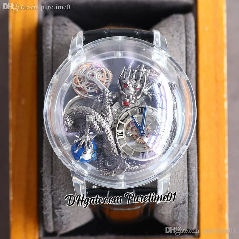 Astronomia Tourbillon Silver Dragon Swiss Quartz Mens Watch Pave Piece Unique Helt Transparent Glas 3D Gravering Svart Läderrem Super Edition Puretime01 B2