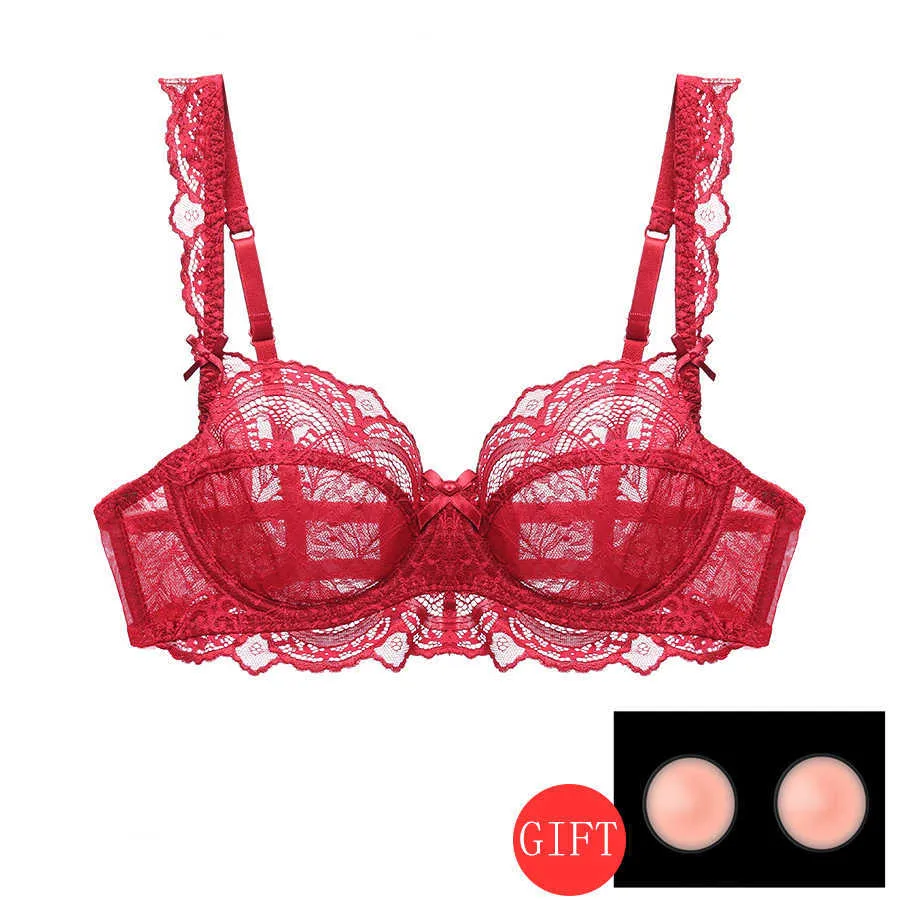 Plus Size Lace Bra Women Sexy Ultra-Thin Lingerie Full-Coverage Underwear  Top Floral Transparent Brassiere EF Cup (Color : Red, Size : 42/95F)