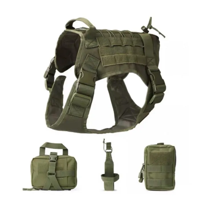 Tactical Dog Vest Service Training Harness Collar Militär Arbeta Mindre västar Ingen dragning, med handtag och avtagbara fickor för medelstora stora hundar (grön)