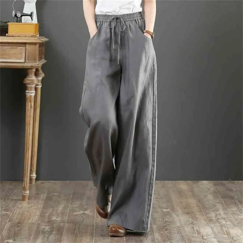 Pure linen Large size wide leg pants drawstring elastic waist cotton and women Trousers Summer Long Pants 210915