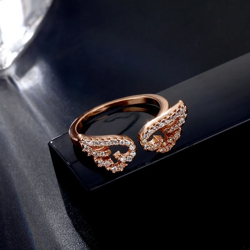 Adjustable Angel Wings Ring Micro Pave Zircon Gold Color Wing Charm Open Band Rings For Women Vintage Fashion Jewelry Wedding femme Female Gift