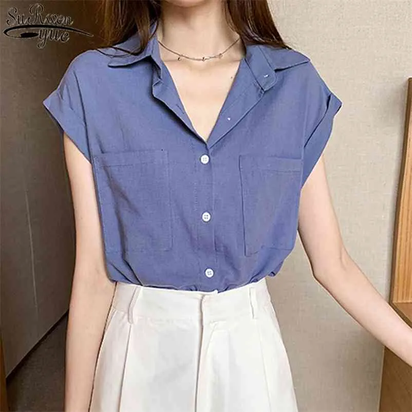 Lato Vintage Bawełna Bluzka Z Krótkim Rękawem Solidna Top Site-Breasted Polo Collar Koszula Blusas Mujer 10289 210427