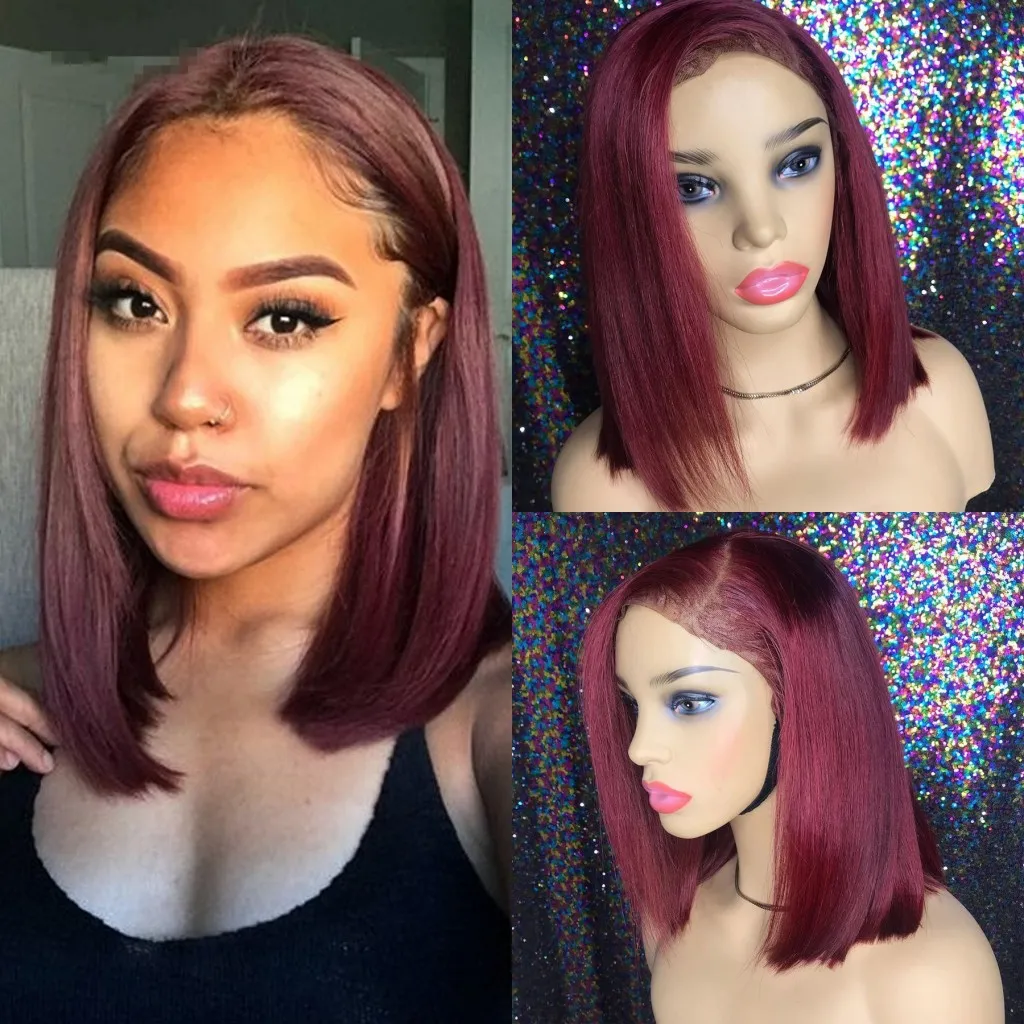 Short Bob Lace Front Synthetic Hair Wigs For Women Burgundy Color Preplucked With Babyhair Glueless Heat Resistant Daily/Cosplay