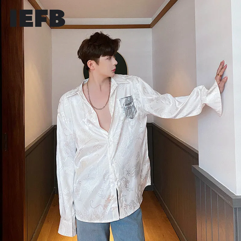 IEFB夏のデザイン中国のドラゴン刺繍サテンホワイトシャツ韓国の緩い長袖シャツファッションラペルトップスY6621 210524