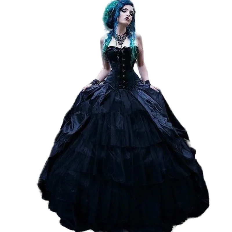 Vintage Victorian Gothic Black Black Ballgown Wedding Dress with Corset Strapless Tiered Skirt - 2022 Collection