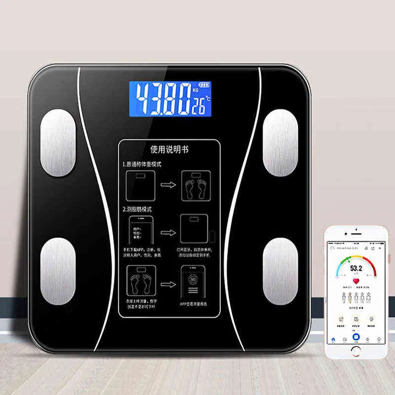 Weegschaal Bluetooth-compatibel Body Fat Escamas Smart Electronic BMI Samenstelling Analyzer Fashion Precision Bathroom Black H1229