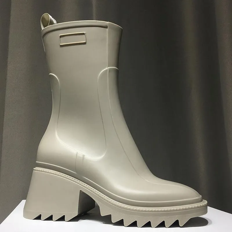 Luxuriöse Designer-Damen-Halbstiefel, Winter-Schuhe mit klobigen mittelhohen Absätzen, schlichte quadratische Zehen, Regenstiefel, Reißverschluss, mittelhohe Wadenbeute, verschleißfester Stiefel mit dicken Sohlen